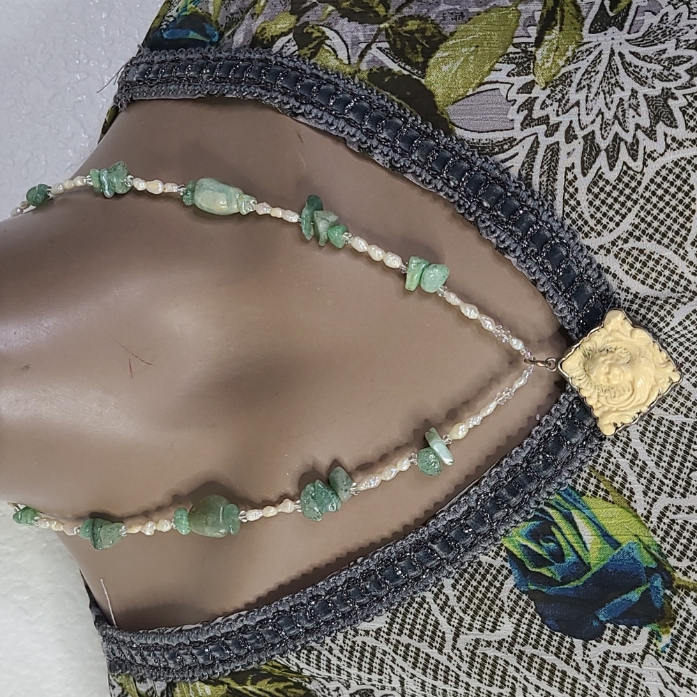 Necklace Pendant Cameo Freshwater Pearls Green Aventurine Semi-precious Eclectic